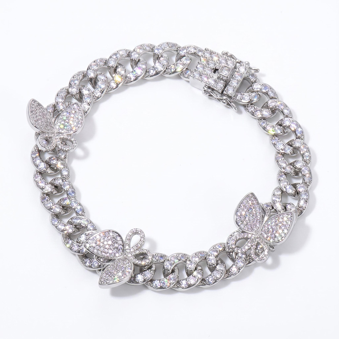 Iced Butterfly Cuban Chain Bracelet-White/Pink Stones