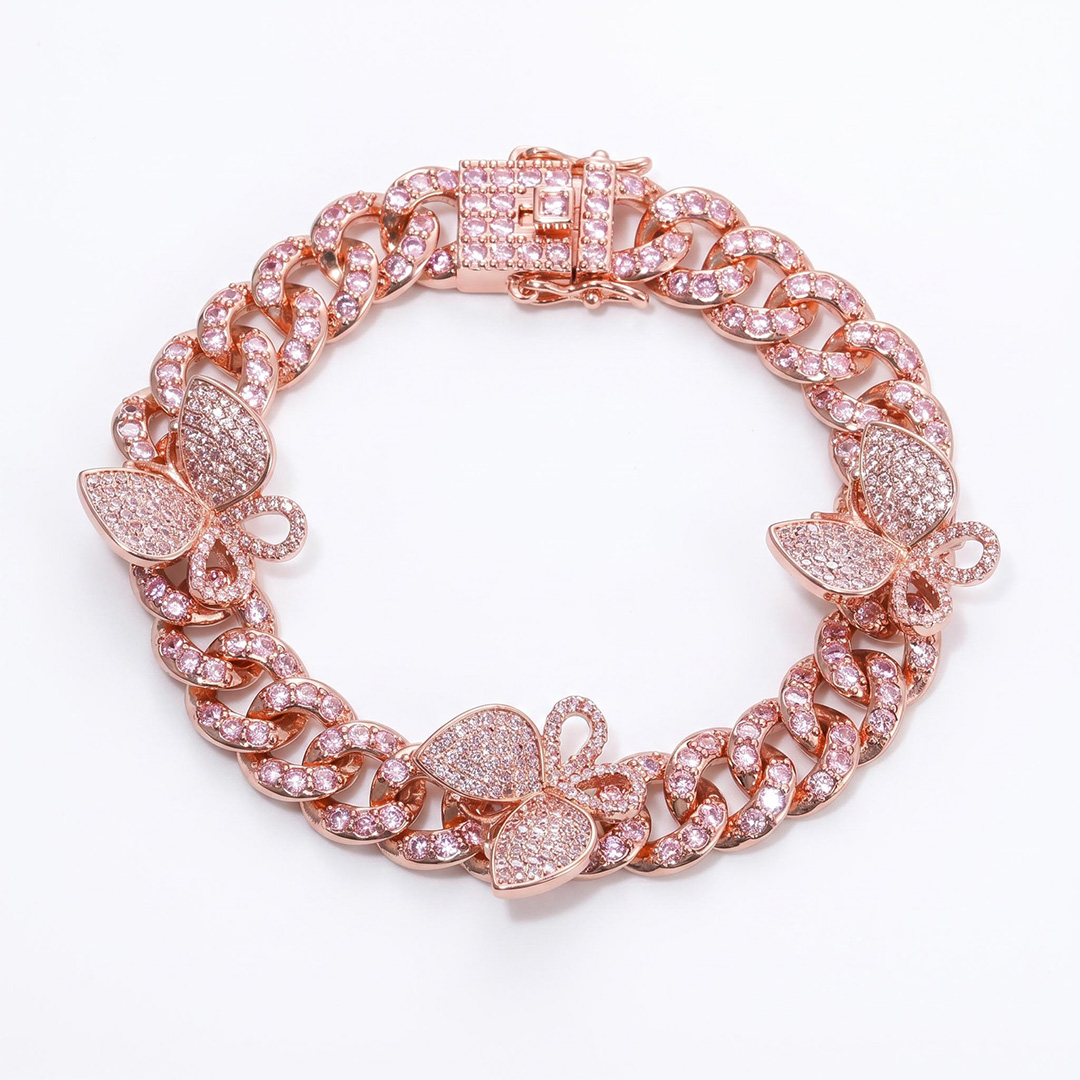 Iced Butterfly Cuban Chain Bracelet-White/Pink Stones