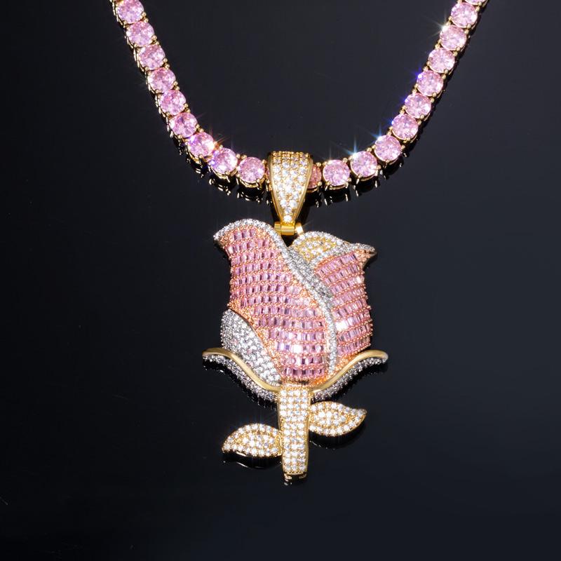 Iced Pink Baguette Cut Rose Tennis Chain Necklace
