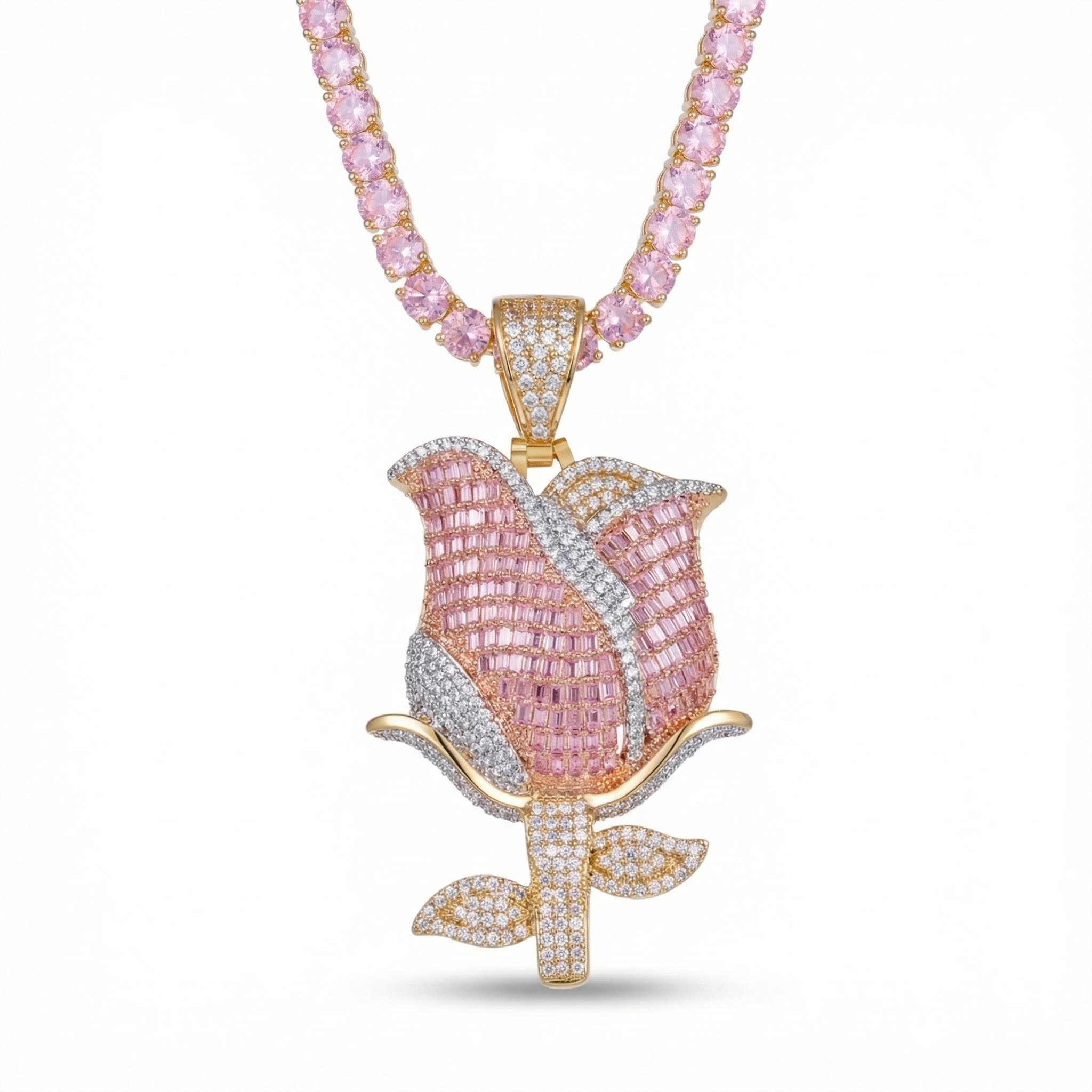 Iced Pink Baguette Cut Rose Tennis Chain Necklace
