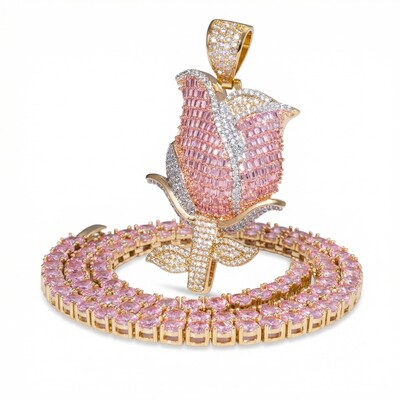 Iced Pink Baguette Cut Rose Tennis Chain Necklace