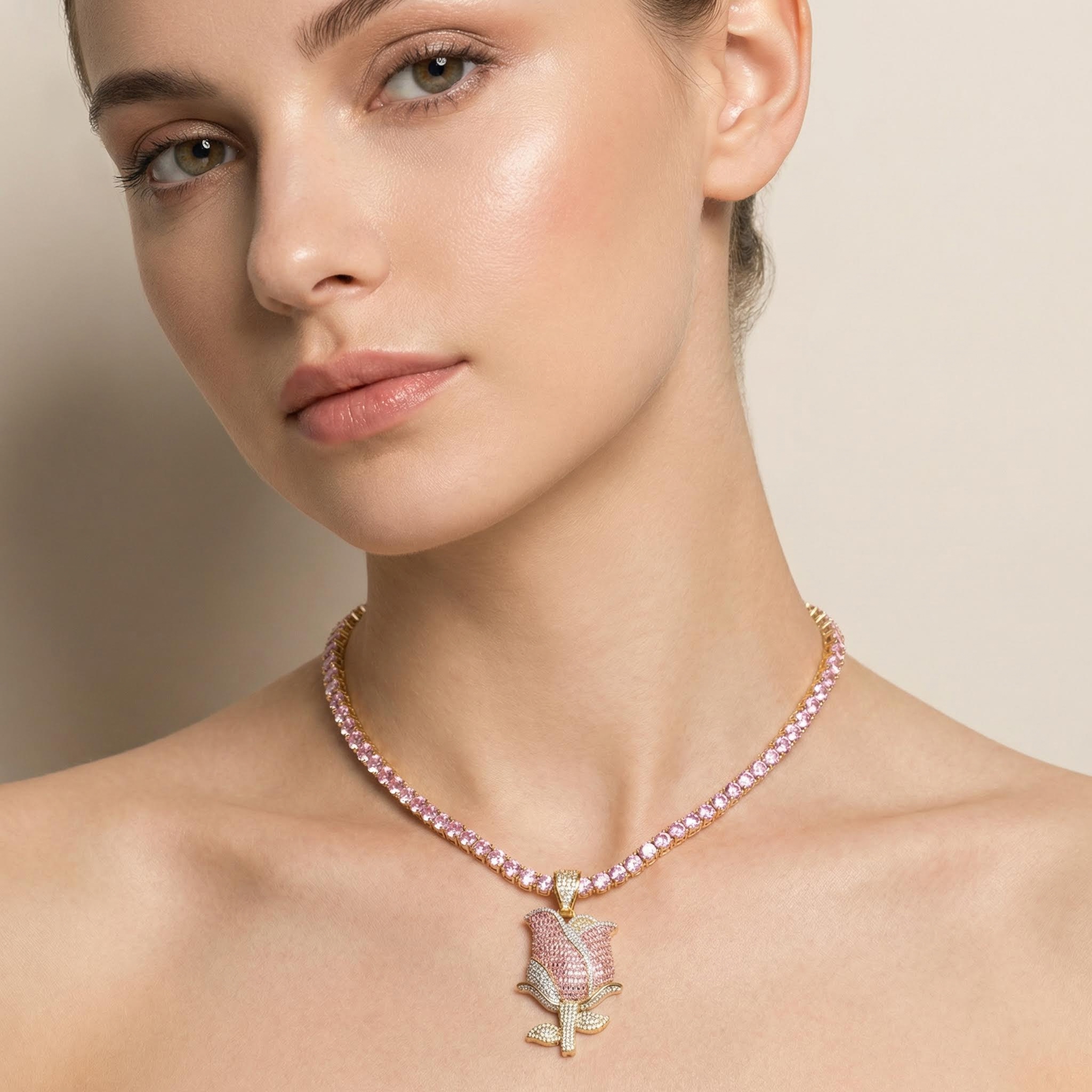 Iced Pink Baguette Cut Rose Tennis Chain Necklace