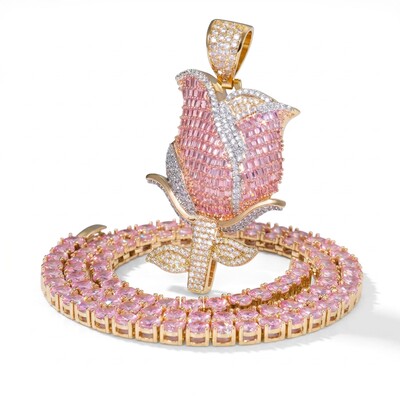 Iced Pink Baguette Cut Rose Tennis Chain Necklace