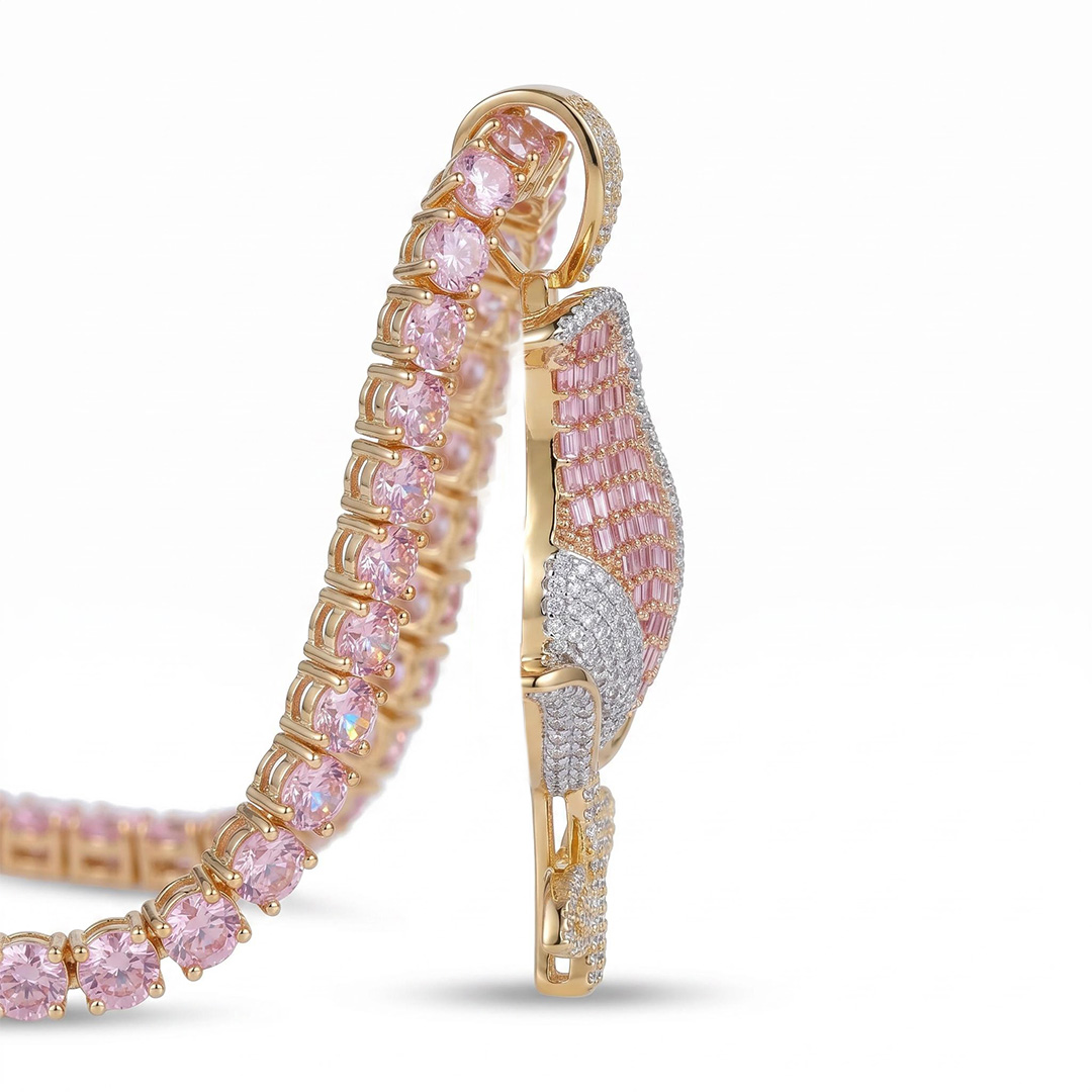 Iced Pink Baguette Cut Rose Tennis Chain Necklace Iced Pink Baguette Cut Rose Tennis Chain Necklace