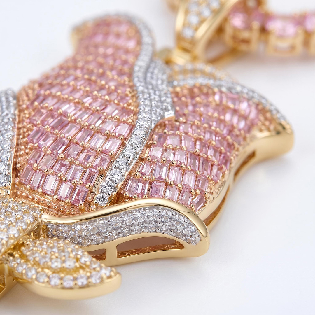 Iced Pink Baguette Cut Rose Tennis Chain Necklace Iced Pink Baguette Cut Rose Tennis Chain Necklace