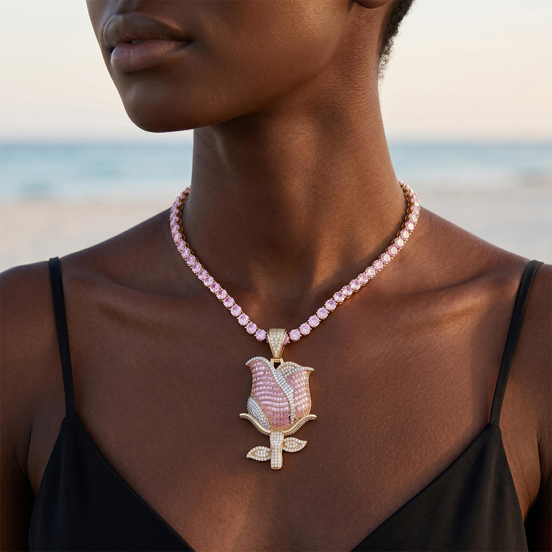 Iced Pink Baguette Cut Rose Tennis Chain Necklace Iced Pink Baguette Cut Rose Tennis Chain Necklace