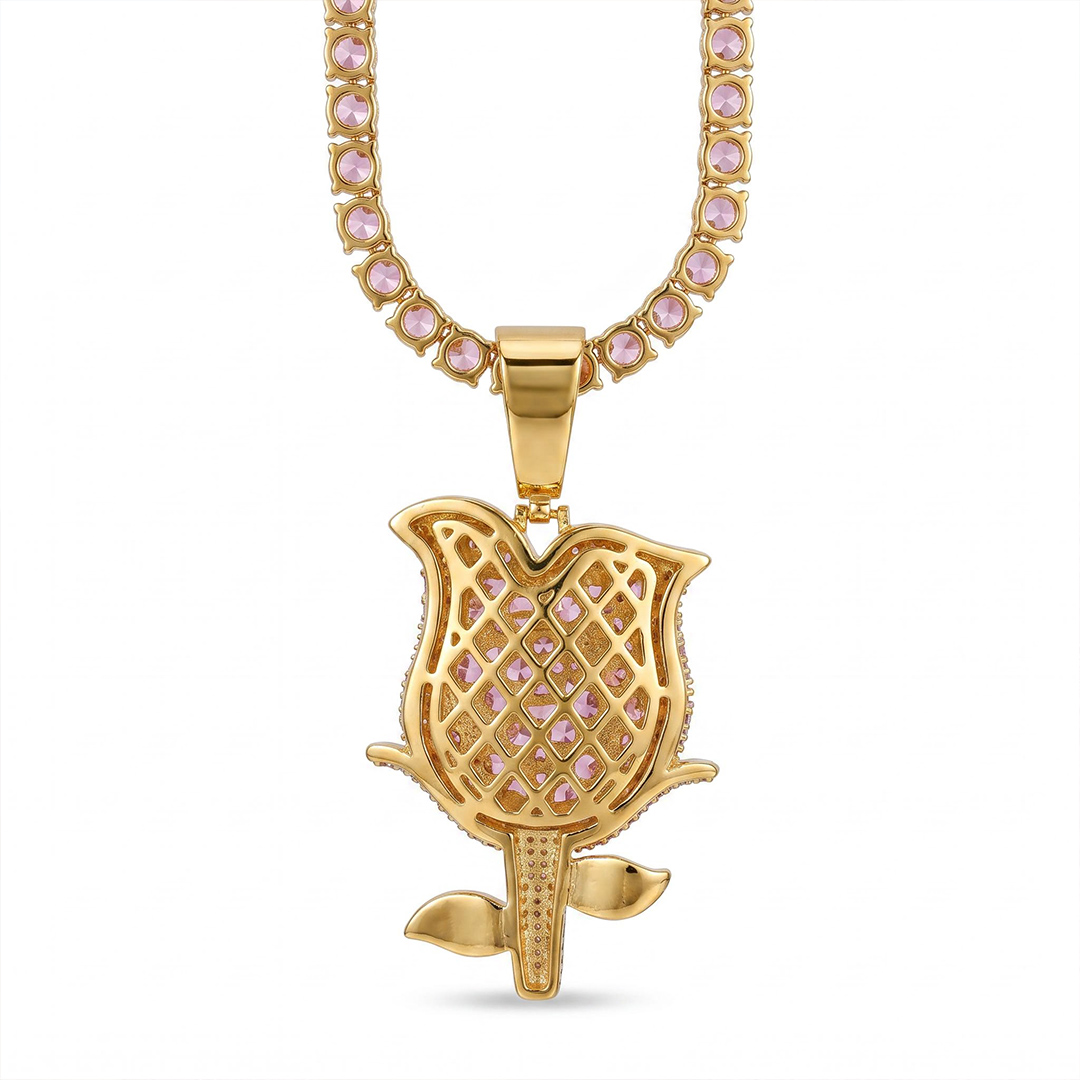 Iced Pink Baguette Cut Rose Tennis Chain Necklace Iced Pink Baguette Cut Rose Tennis Chain Necklace
