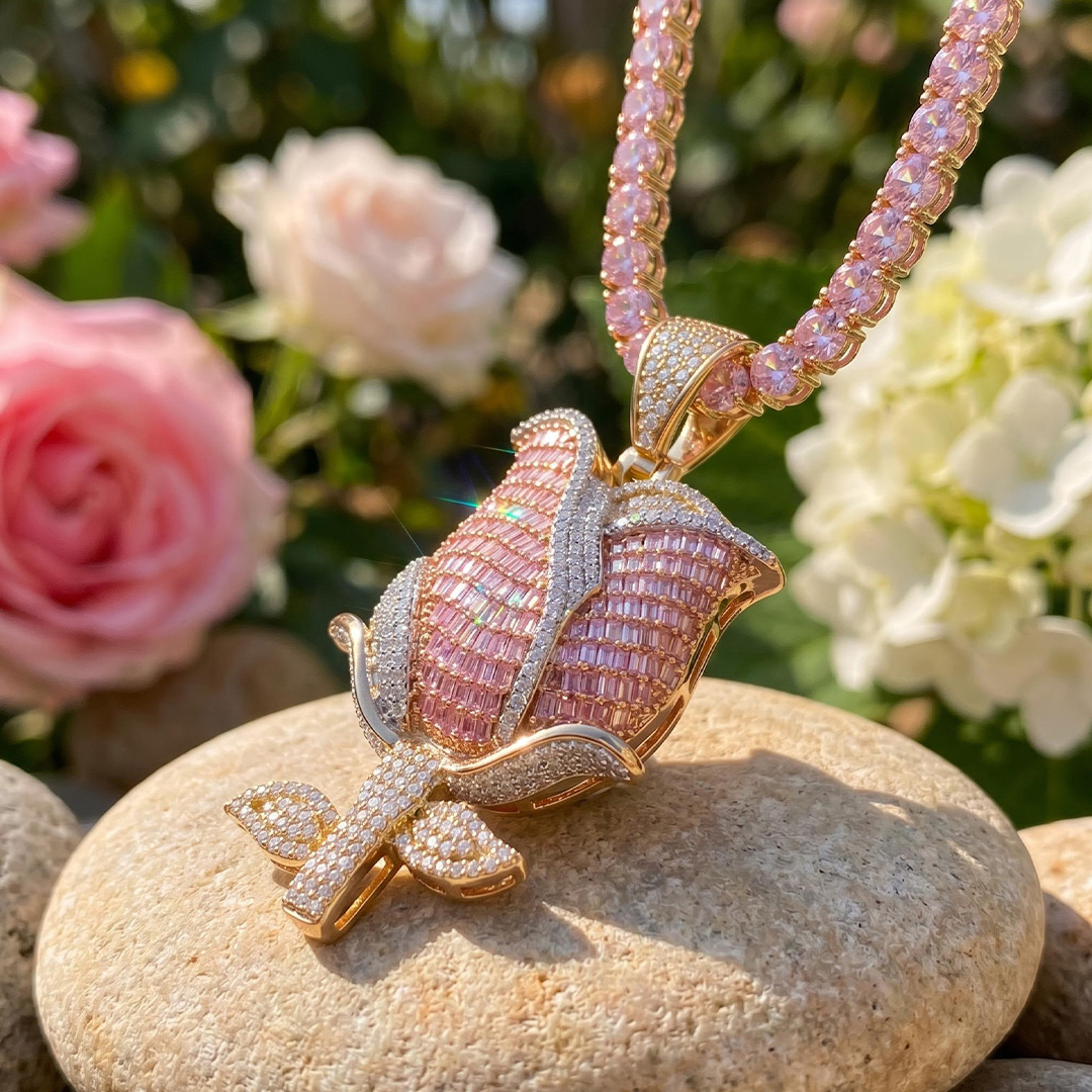 Iced Pink Baguette Cut Rose Tennis Chain Necklace Iced Pink Baguette Cut Rose Tennis Chain Necklace