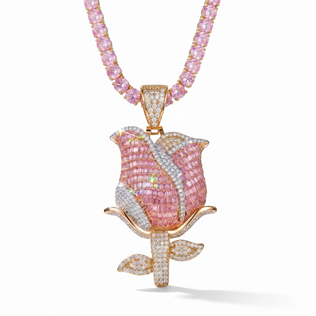 Iced Pink Baguette Cut Rose Tennis Chain Necklace Iced Pink Baguette Cut Rose Tennis Chain Necklace