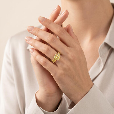 Radiant Cut Yellow Diamonds Golden Tone Engagement Ring