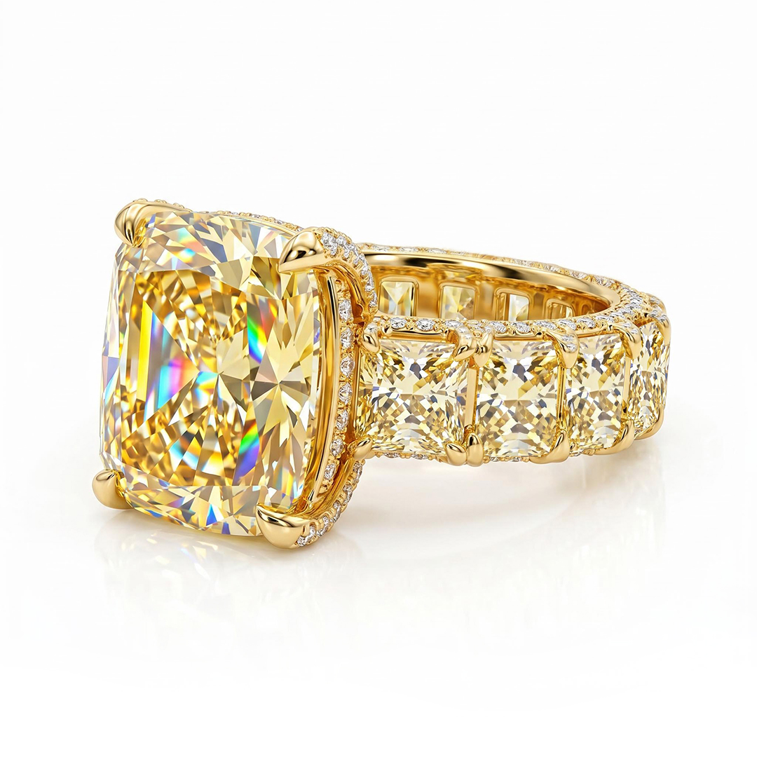 Radiant Cut Yellow Diamonds Golden Tone Engagement Ring