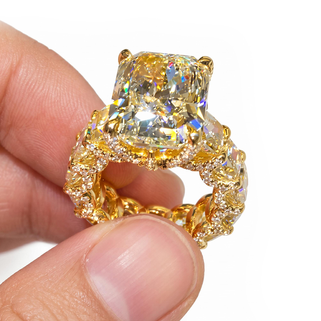 Radiant Cut Yellow Diamonds Golden Tone Engagement Ring