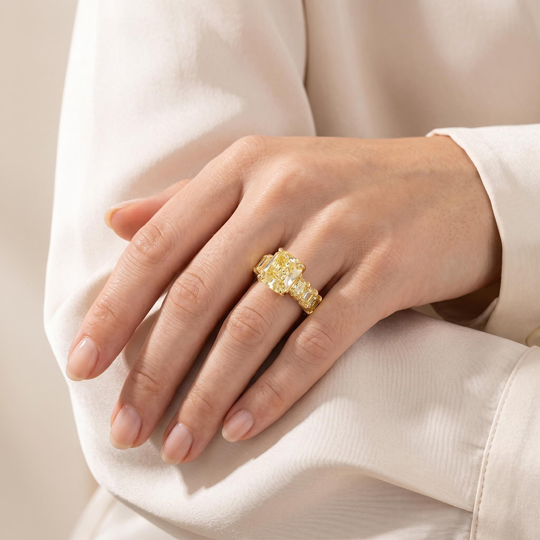 Radiant Cut Yellow Diamonds Golden Tone Engagement Ring