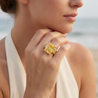 Radiant Cut Yellow Diamonds Golden Tone Engagement Ring