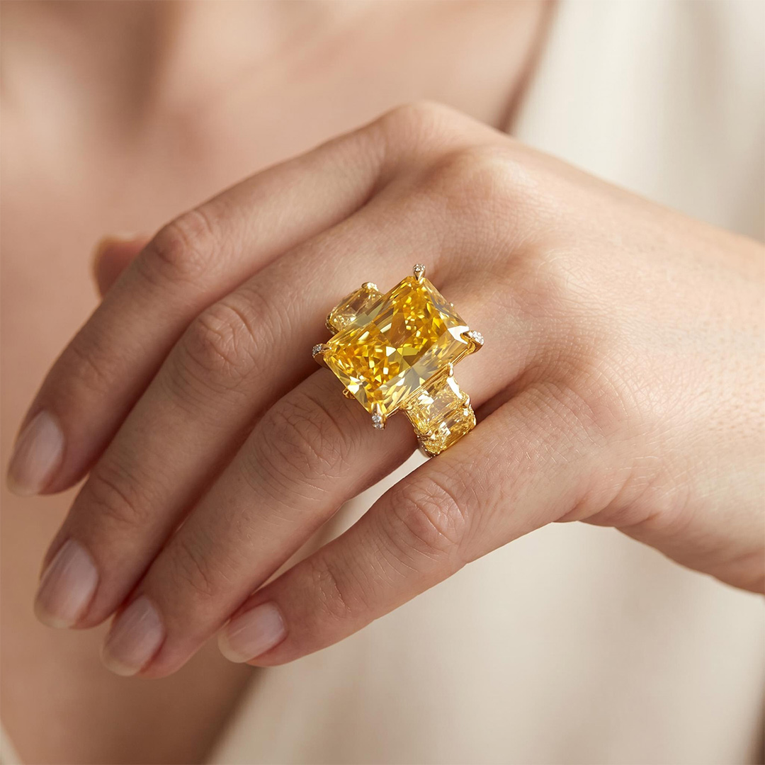 Radiant Cut Yellow Diamonds Golden Tone Engagement Ring
