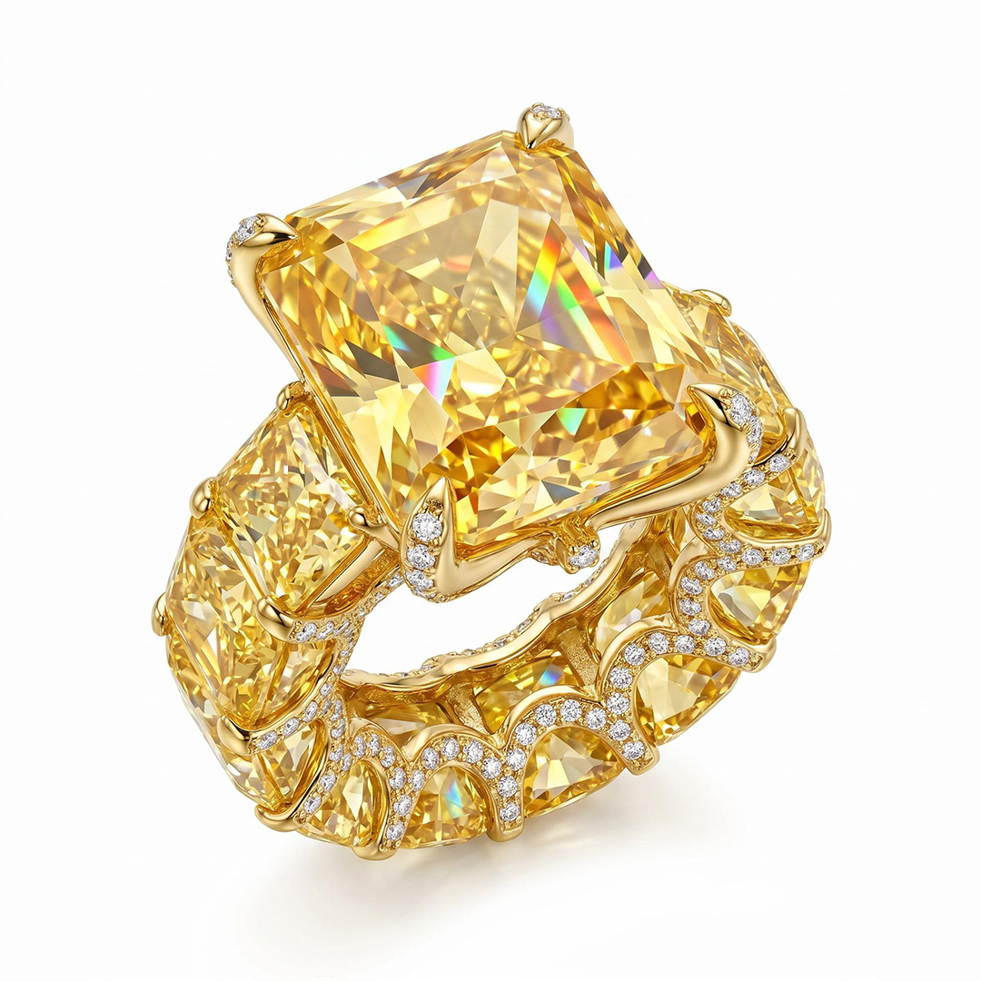 Radiant Cut Yellow Diamonds Golden Tone Engagement Ring