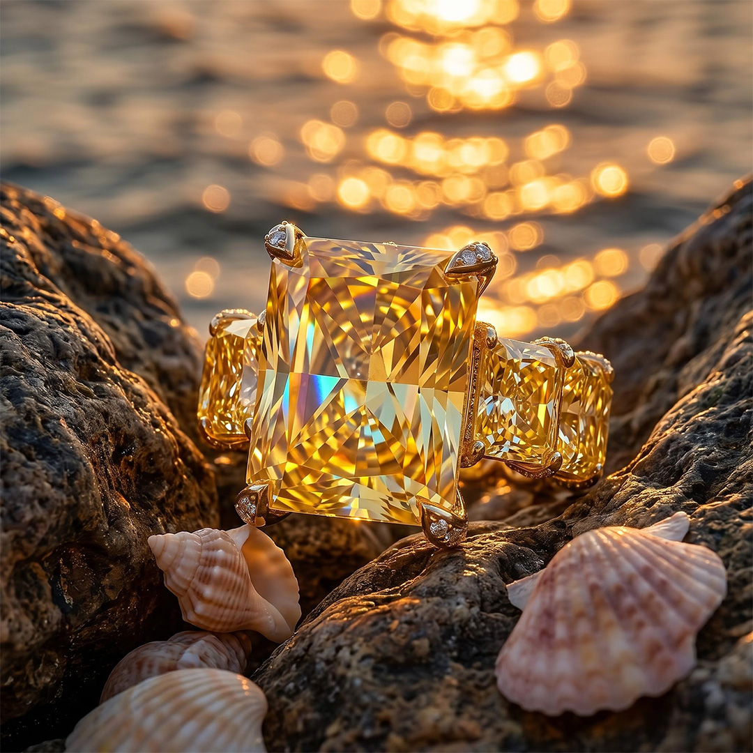 Radiant Cut Yellow Diamonds Golden Tone Engagement Ring