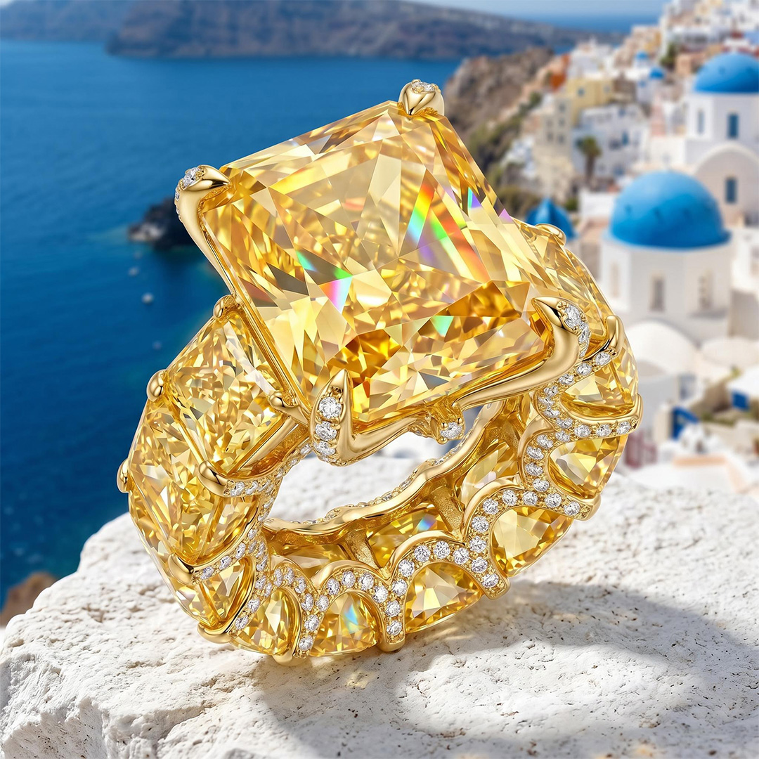 Radiant Cut Yellow Diamonds Golden Tone Engagement Ring