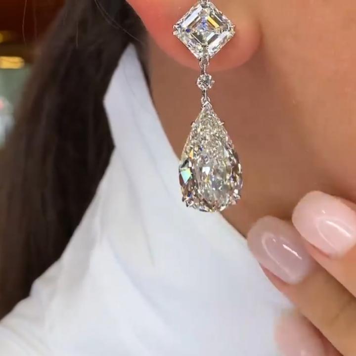 Luxury Asscher Cut and Pear Cut Diamond S925 Silver Earrings