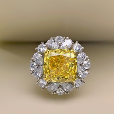 Lovely Cushion Yellow Diamond Flower S925 Silver Ring