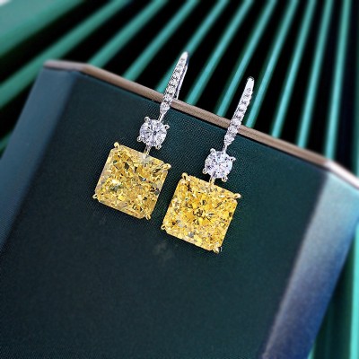 Fancy Yellow Radiant Cut Diamond S925 Silver Dangle Earrings