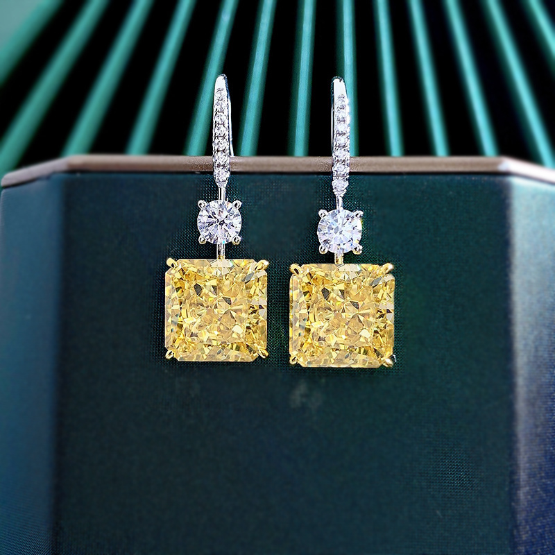 Fancy Yellow Radiant Cut Diamond S925 Silver Dangle Earrings