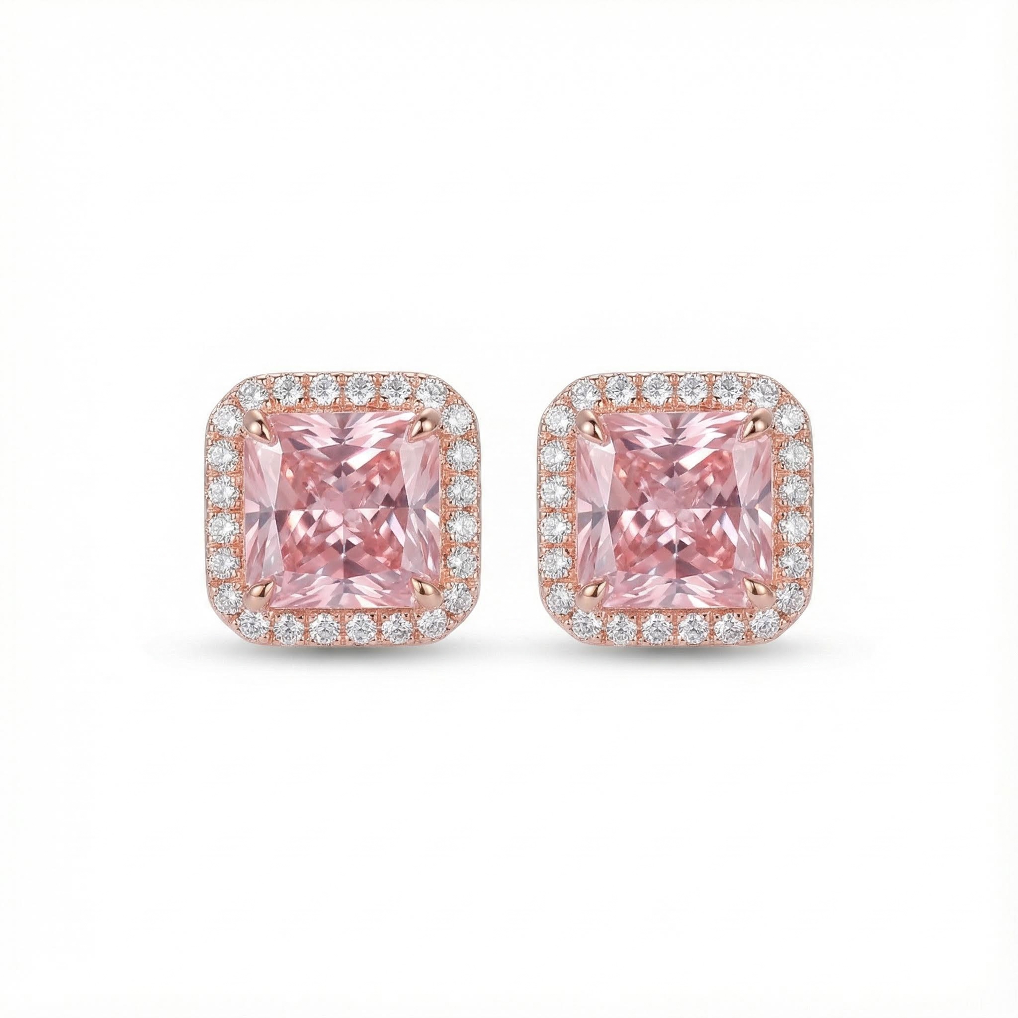 Pink Radiant Cut Halo S925 Silver Earrings