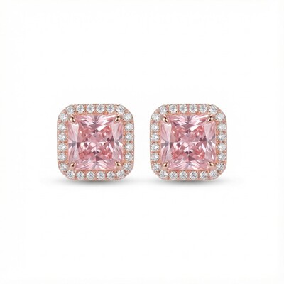 Pink Radiant Cut Halo S925 Silver Earrings