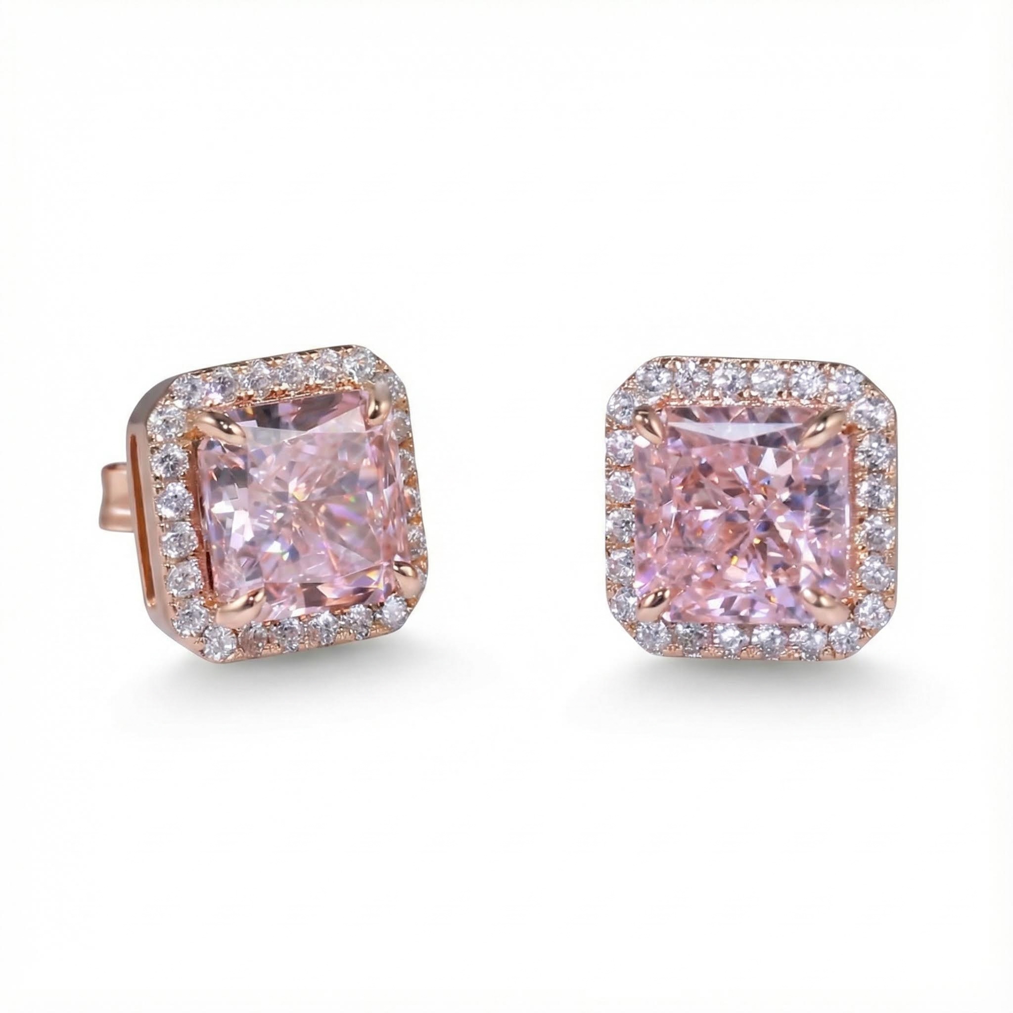 Pink Radiant Cut Halo S925 Silver Earrings