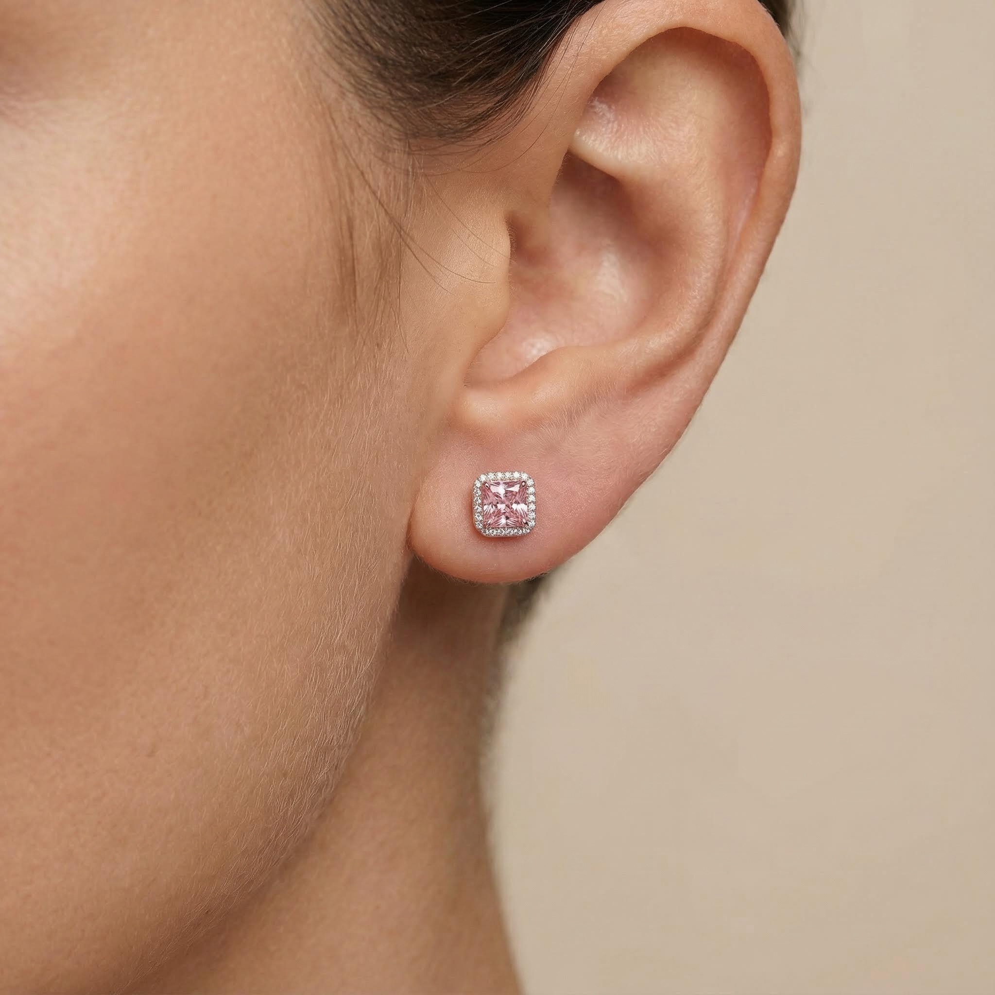 Pink Radiant Cut Halo S925 Silver Earrings