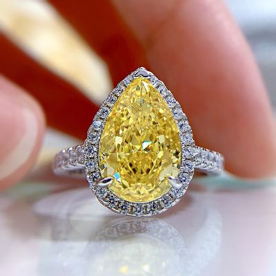 Fancy Yellow Pear Cut Halo Engagement Ring in S925 Silver