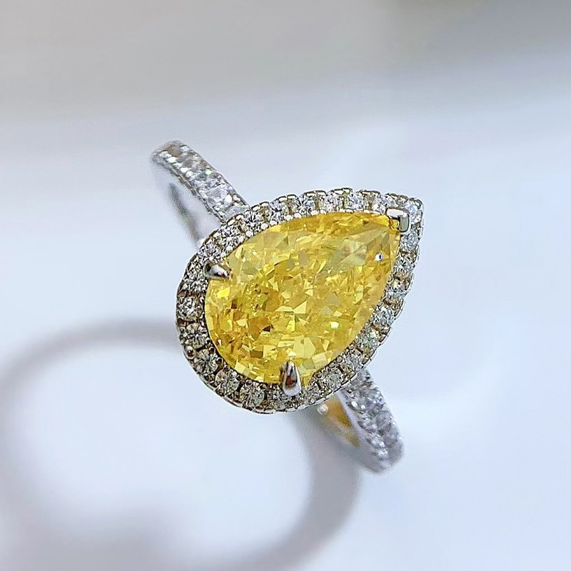 Fancy Yellow Pear Cut Halo Engagement Ring in S925 Silver
