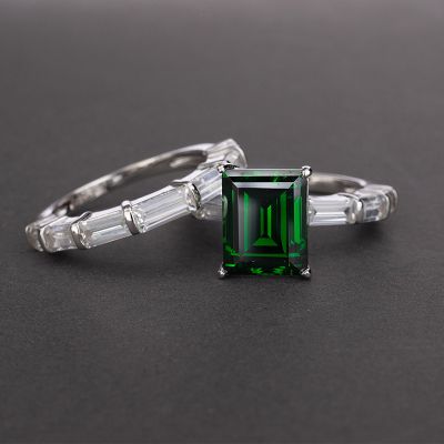  Classic Emerald Cut S925 Silver Ring Set
