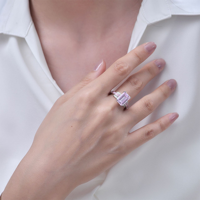  Romantic Iced Pink Emerald Cut Ring