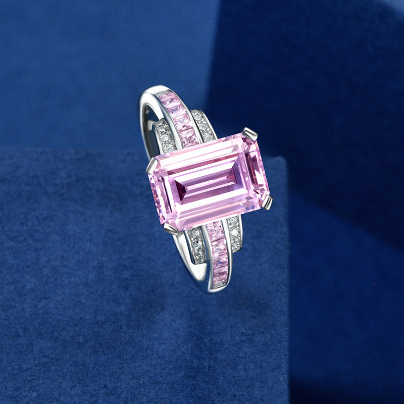  Romantic Iced Pink Emerald Cut Ring