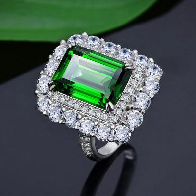 Emerald Green Double Halo Sterling Silver Engagement Ring