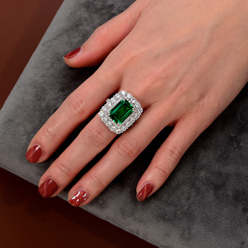 Emerald Green Double Halo Sterling Silver Engagement Ring