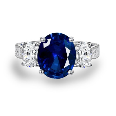 Three-Stone Sapphire Oval Cut Ring in S925 Sterling Silver