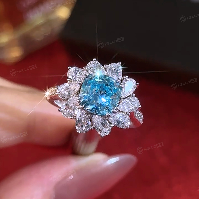 Ocean Blue Cushion Cut Sunflower Ring