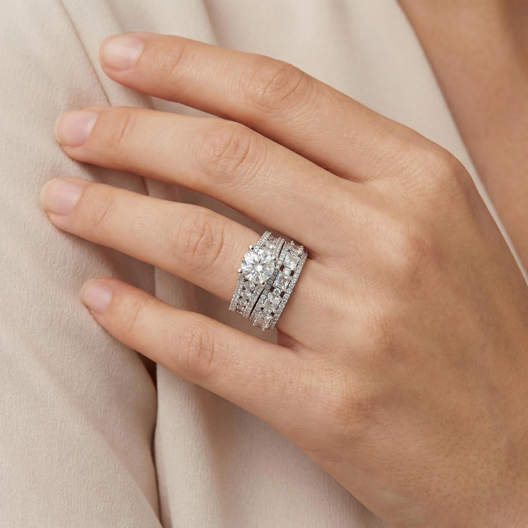 Lustrous Round Cut Engagement Halo Sterling Silver Ring Set