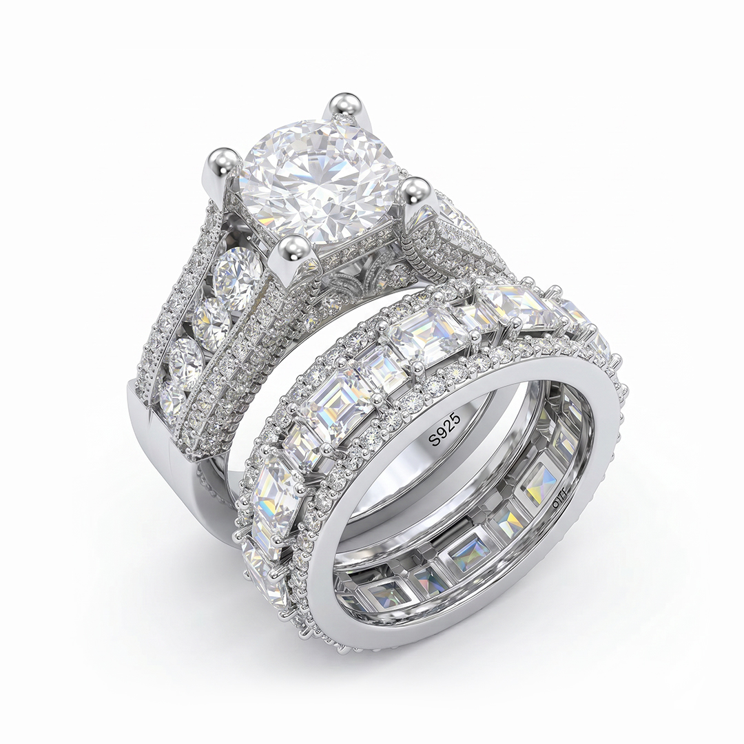 Lustrous Round Cut Engagement Halo Sterling Silver Ring Set Lustrous Round Cut Engagement Halo Sterling Silver Ring Set