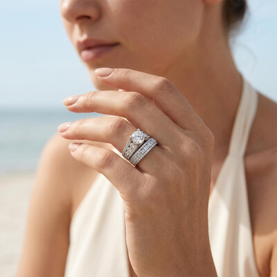 Lustrous Round Cut Engagement Halo Sterling Silver Ring Set