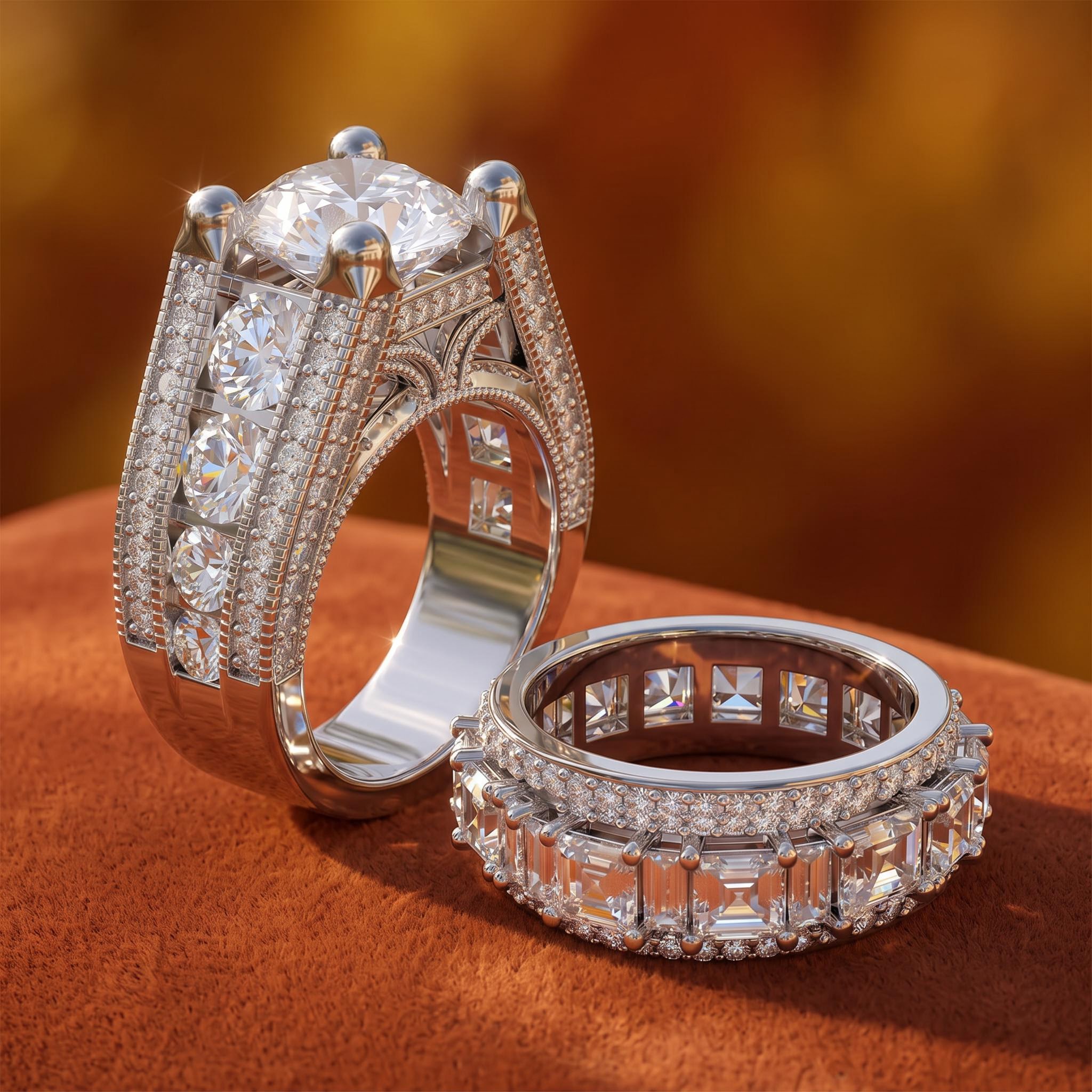 14.92 ct.tw. Lustrous Round Cut Engagement Halo Sterling Silver Ring Set