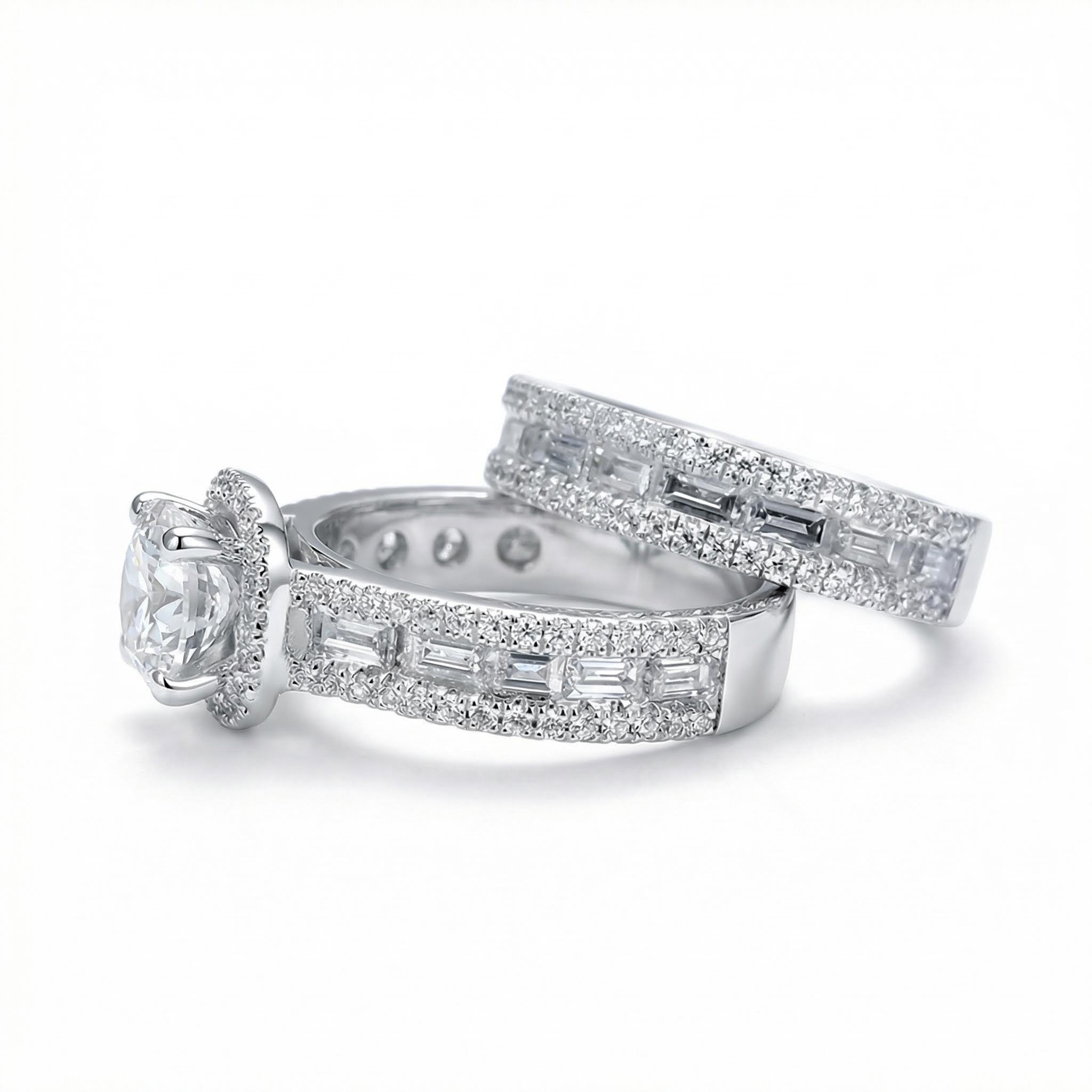 Charming Halo Cushion Cut Sterling Silver Ring Set