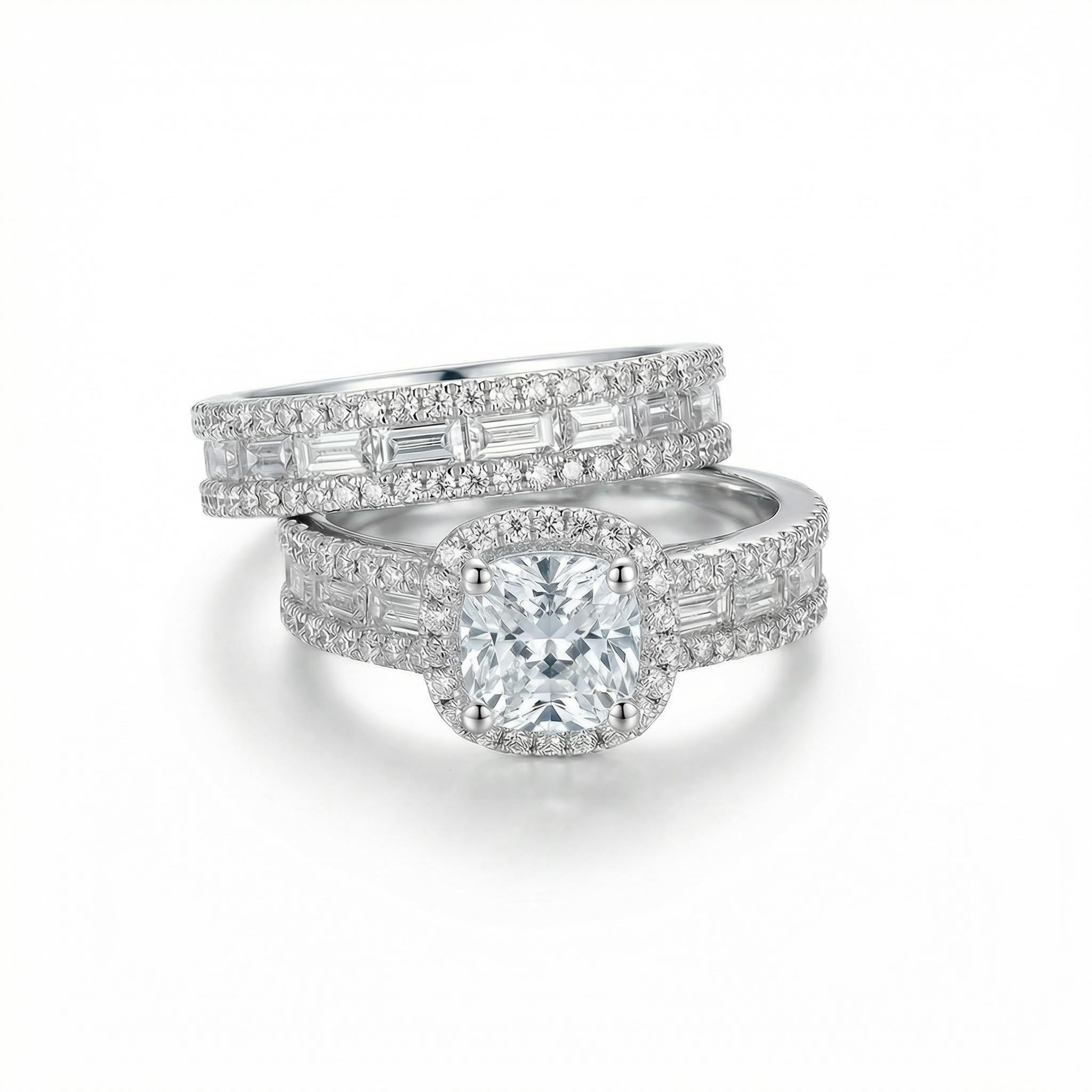 Charming Halo Cushion Cut Sterling Silver Ring Set