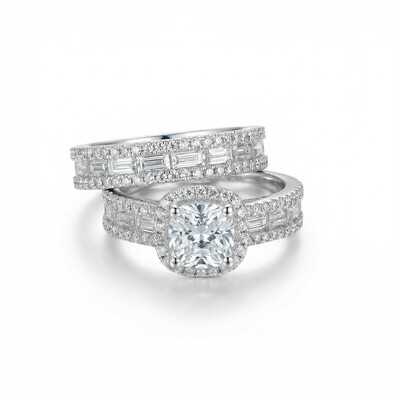 Charming Halo Cushion Cut Sterling Silver Ring Set