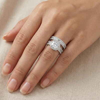 Charming Halo Cushion Cut Sterling Silver Ring Set