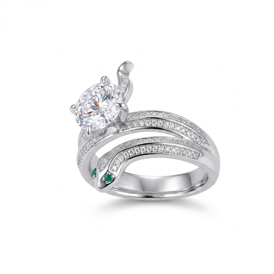 Whimsical Round Cut Snake Sterling Silver Ring