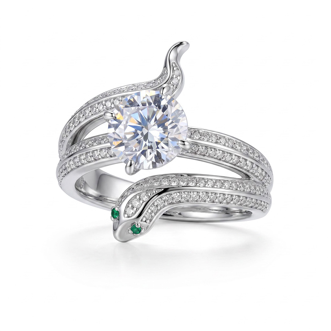 Whimsical Round Cut Snake Sterling Silver Ring