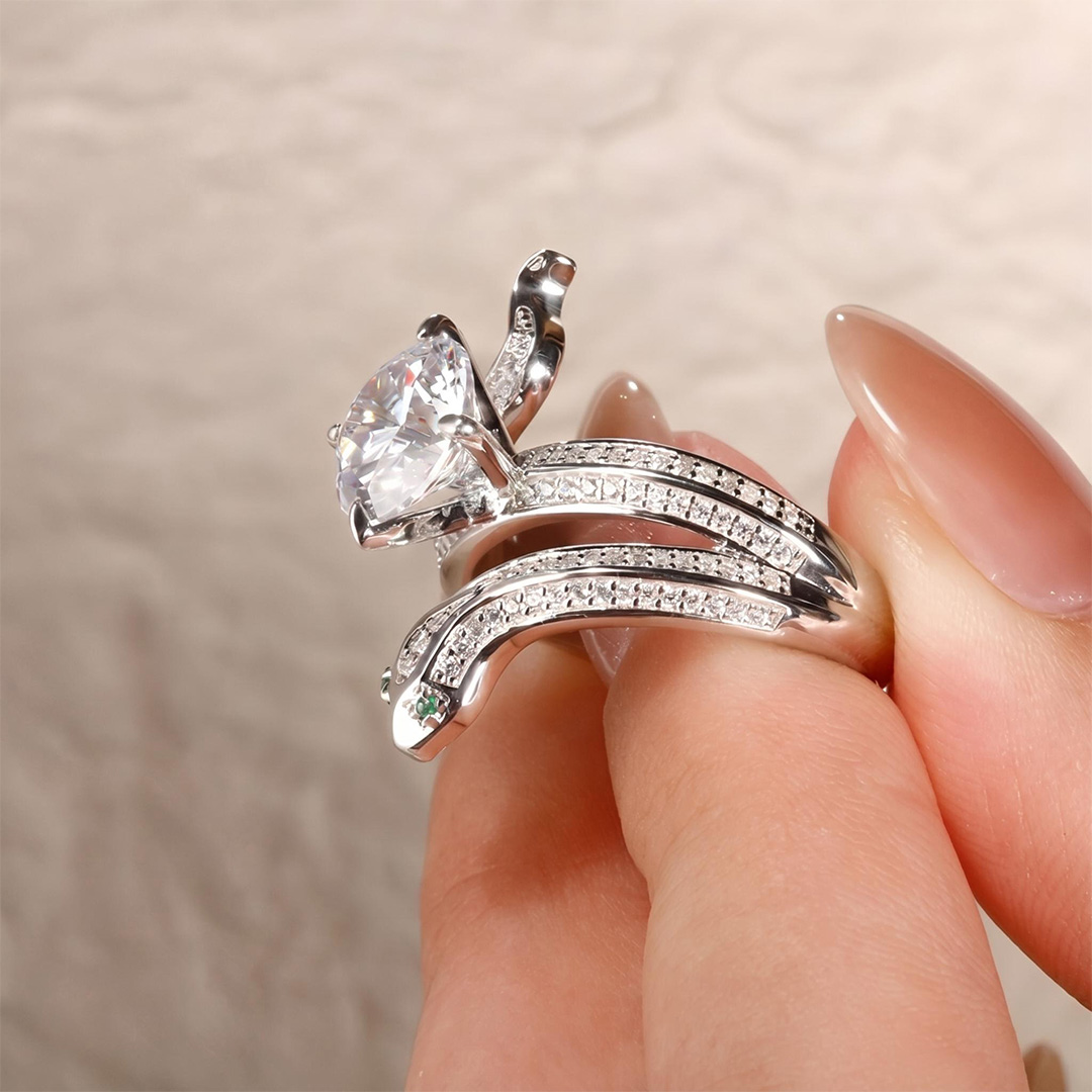 Whimsical Round Cut Snake Sterling Silver Ring